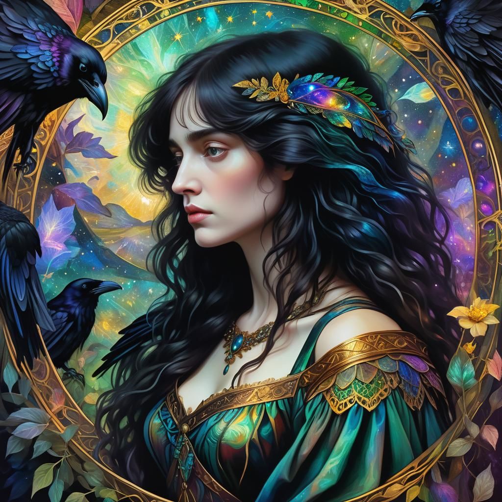 Pre-Raphaelite Woman with Raven Hair and Cosmic Details