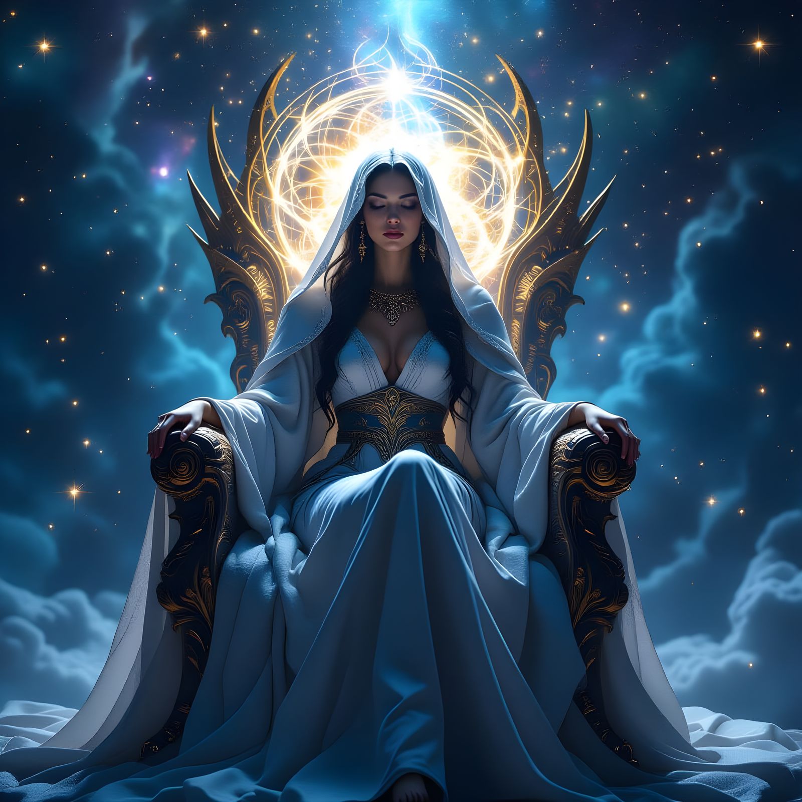 Celestial Oracle Meditating on Star Throne in Photorealistic...
