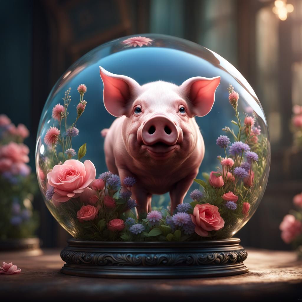 Glass Globe with Pig and Flowers: Fantasy Concept Art