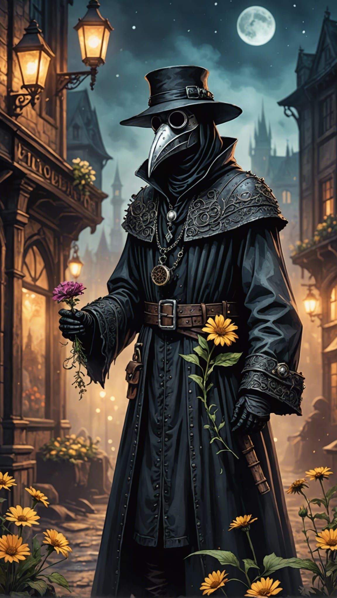 Plague Doctor in Apocalyptic World: Watercolor Art