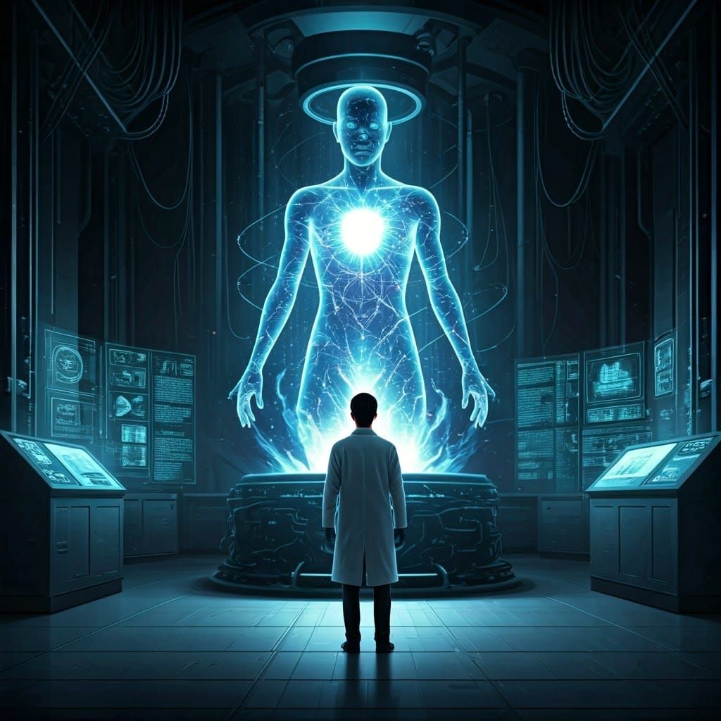 Sentient AI Emerges from Glowing Core in Futuristic Laborato...