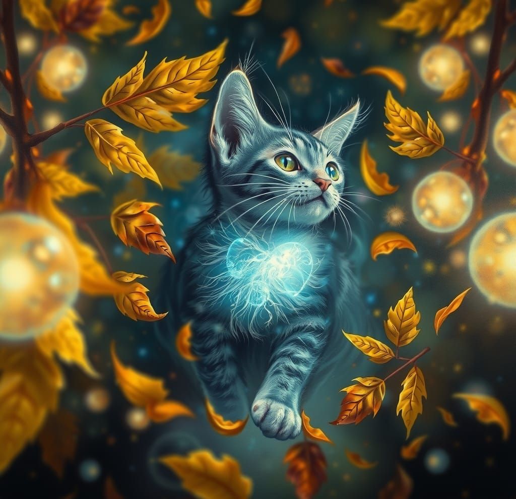 Bioluminescent Cat in Autumn Leaf Whirlwind