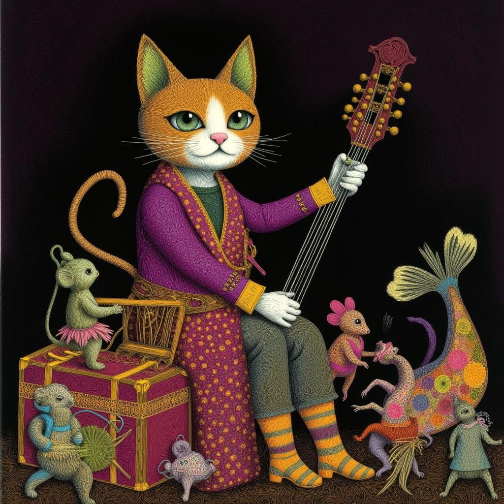 Witch Cat with Mice and Fish in Theatre Backstage