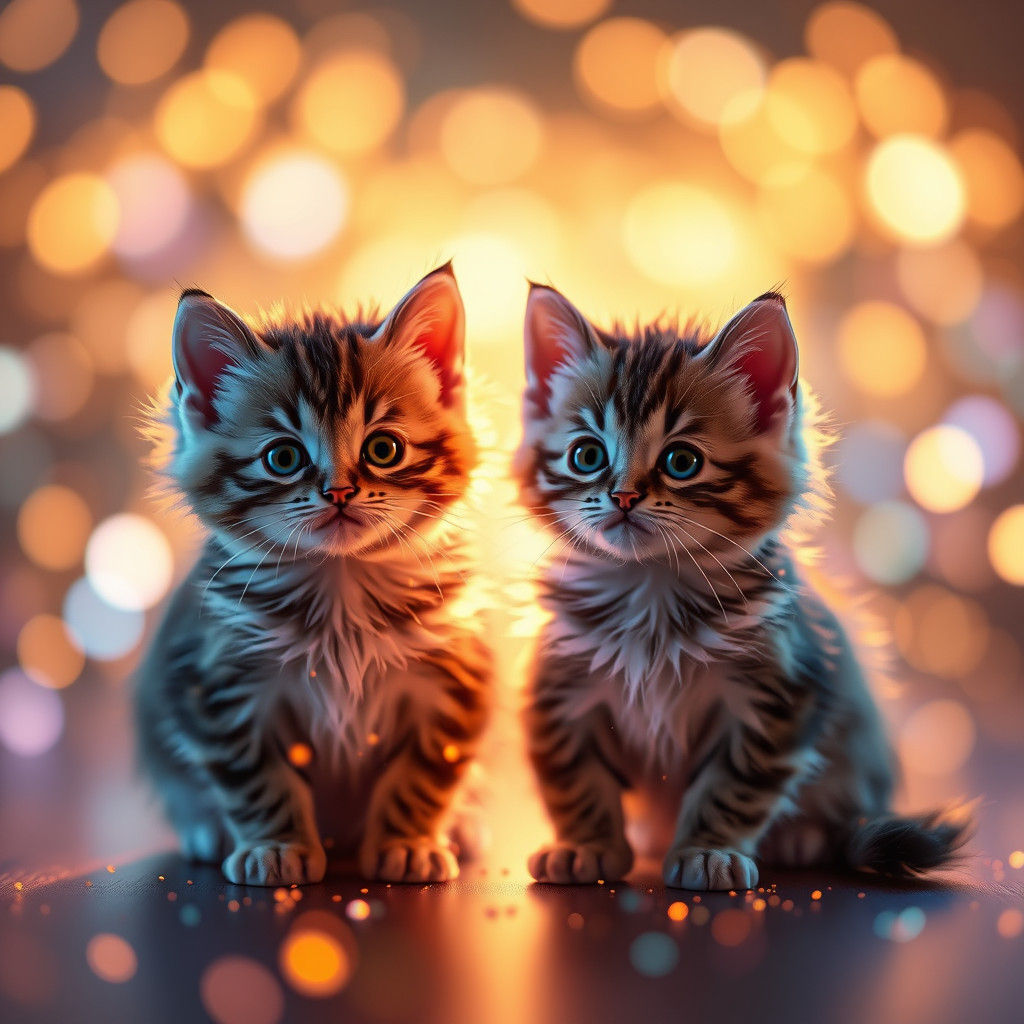Iridescent Kittens with Bokeh Lights in Fantasy Style