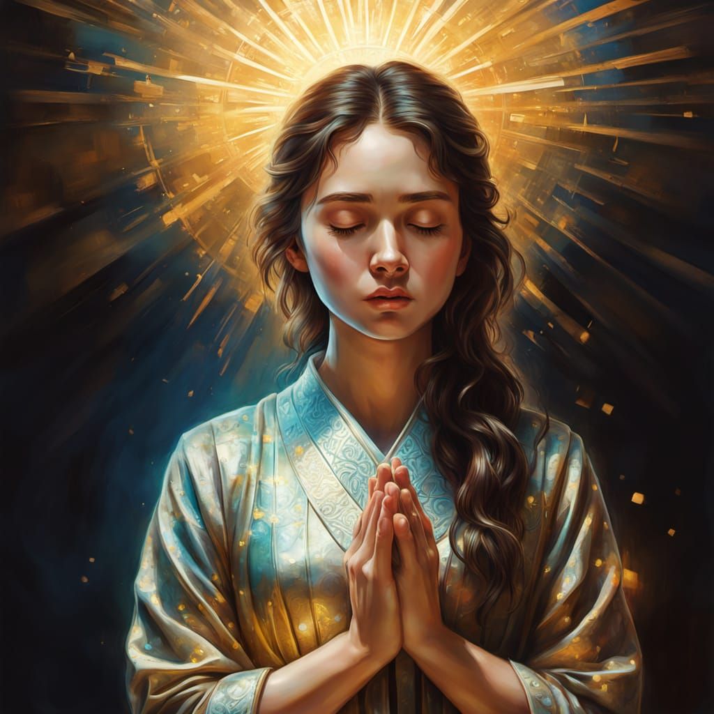 Woman Praying with Hologram in Digital Painting Style