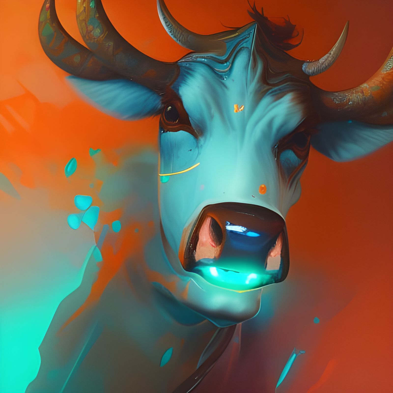 Dynamic Bull Concept Art in Orange and Teal