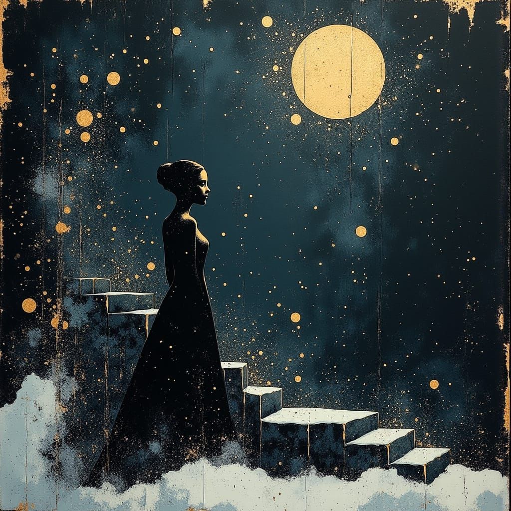 Elegant Woman Descends Infinite Stone Stairs in Midnight Lig...