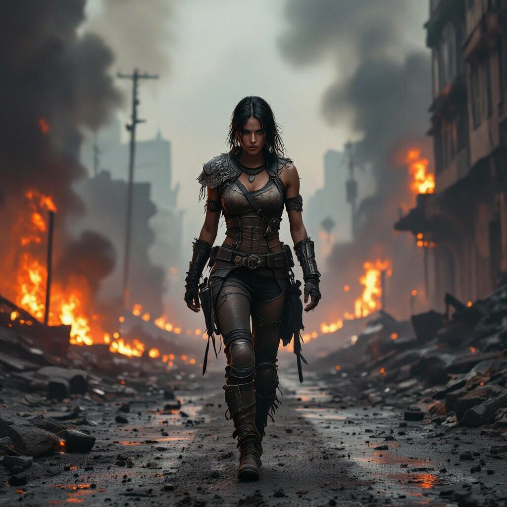 Apocalyptic Survivor Walks Through Fiery City Street