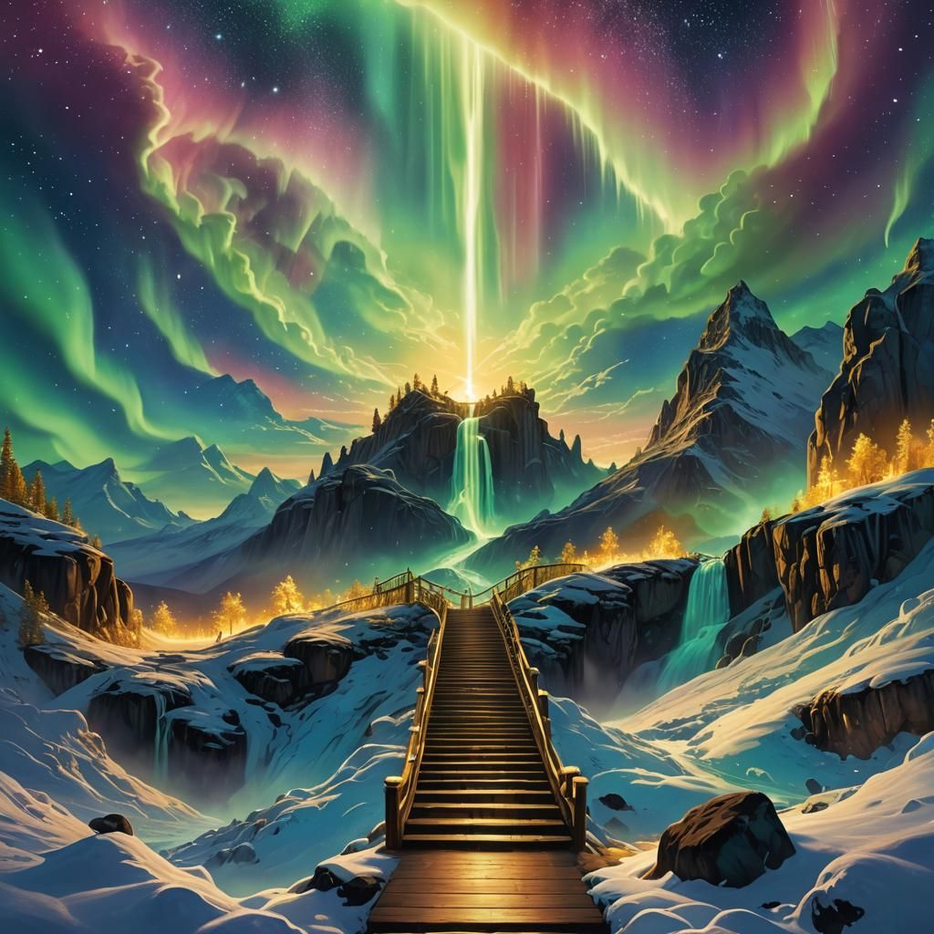 Golden Stairway to Valhalla under Northern Lights