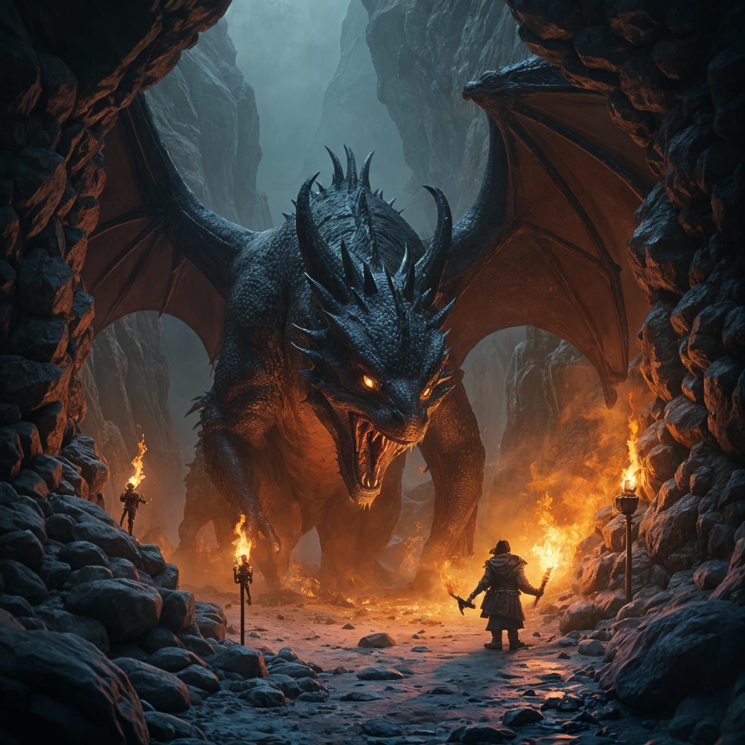 Dark Fantasy Dragon with Dwarf in Cave, Masterful Matte Pain...