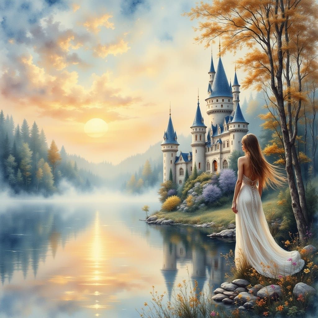 Fairytale Castle at Dawn: Watercolor Bohemian Scene