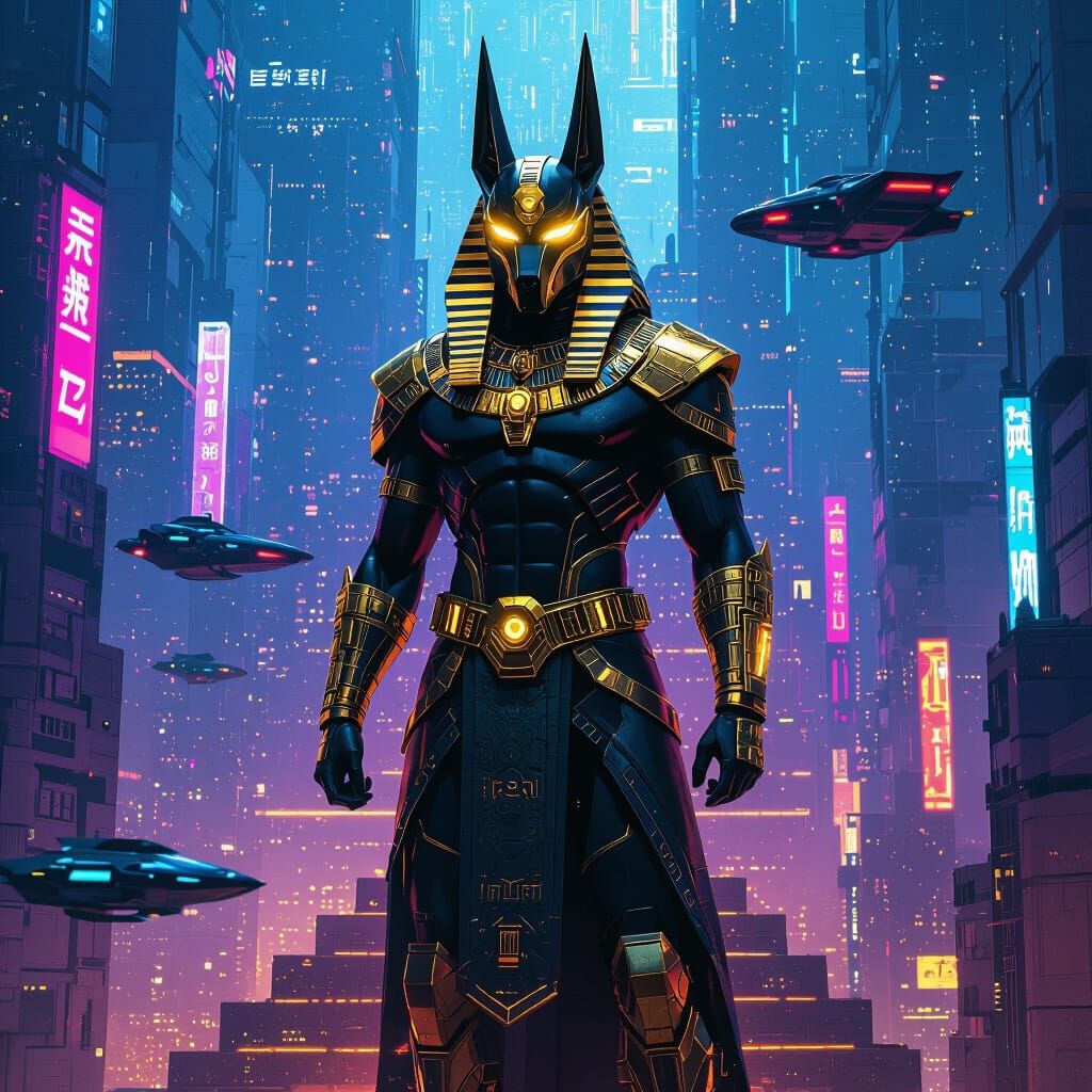 Anubis in Cyberpunk Metropolis Inspired by Syd Mead