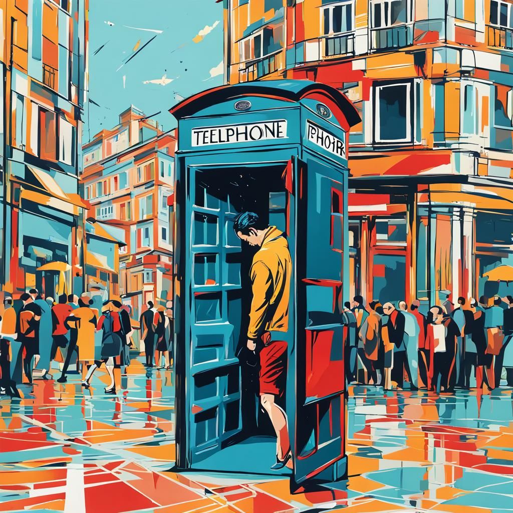 Man Showers in Phone Booth in Abstract Style