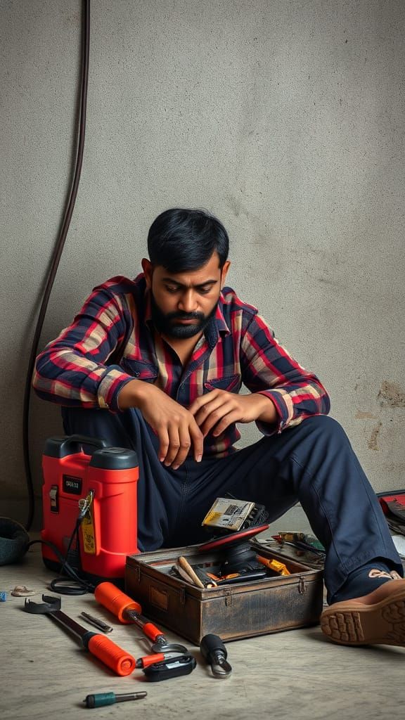 Frustrated Indian Electrician with Toolkit