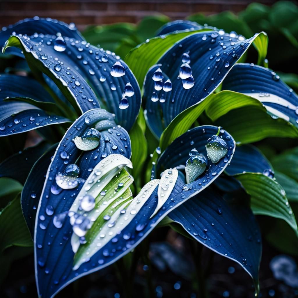 Hosta Plant Jeweled with Raindrops