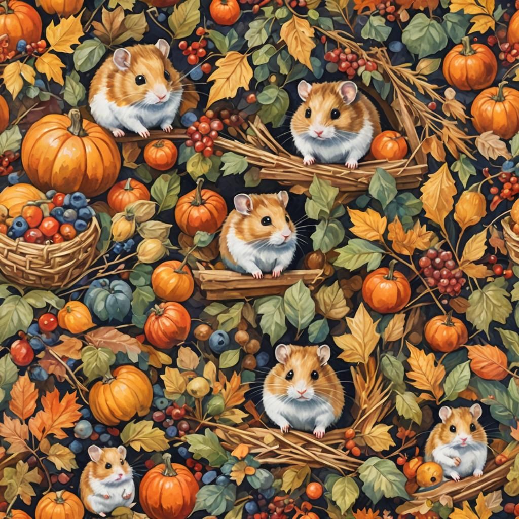 Autumn Hamster Harvest in Gouache Style