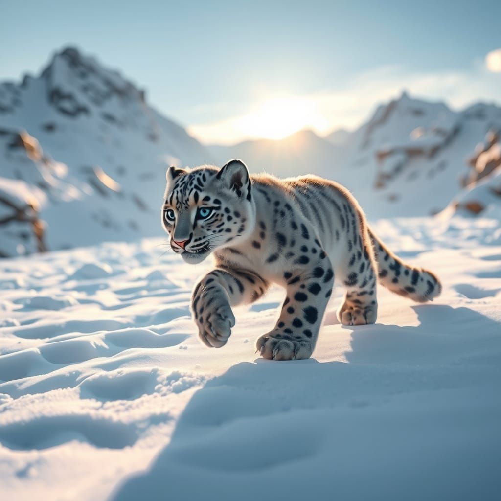 Surreal Snow Leopard in Anime-Inspired Winter Wonderland
