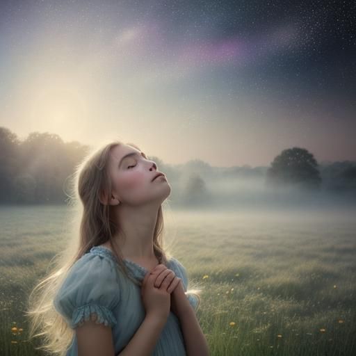 Girl Wishes Upon Starry Night: Whimsical Art