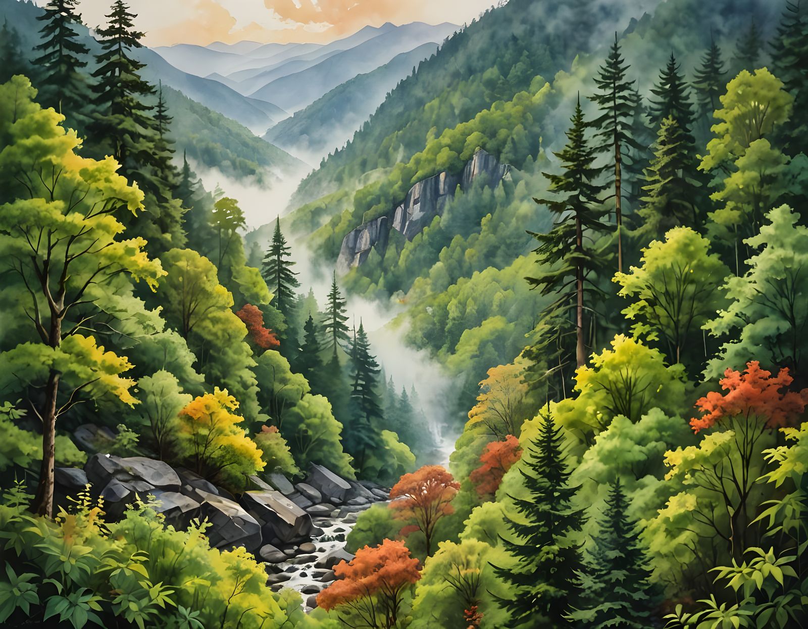 Smoky Mountains Dreamy Watercolor Painting
