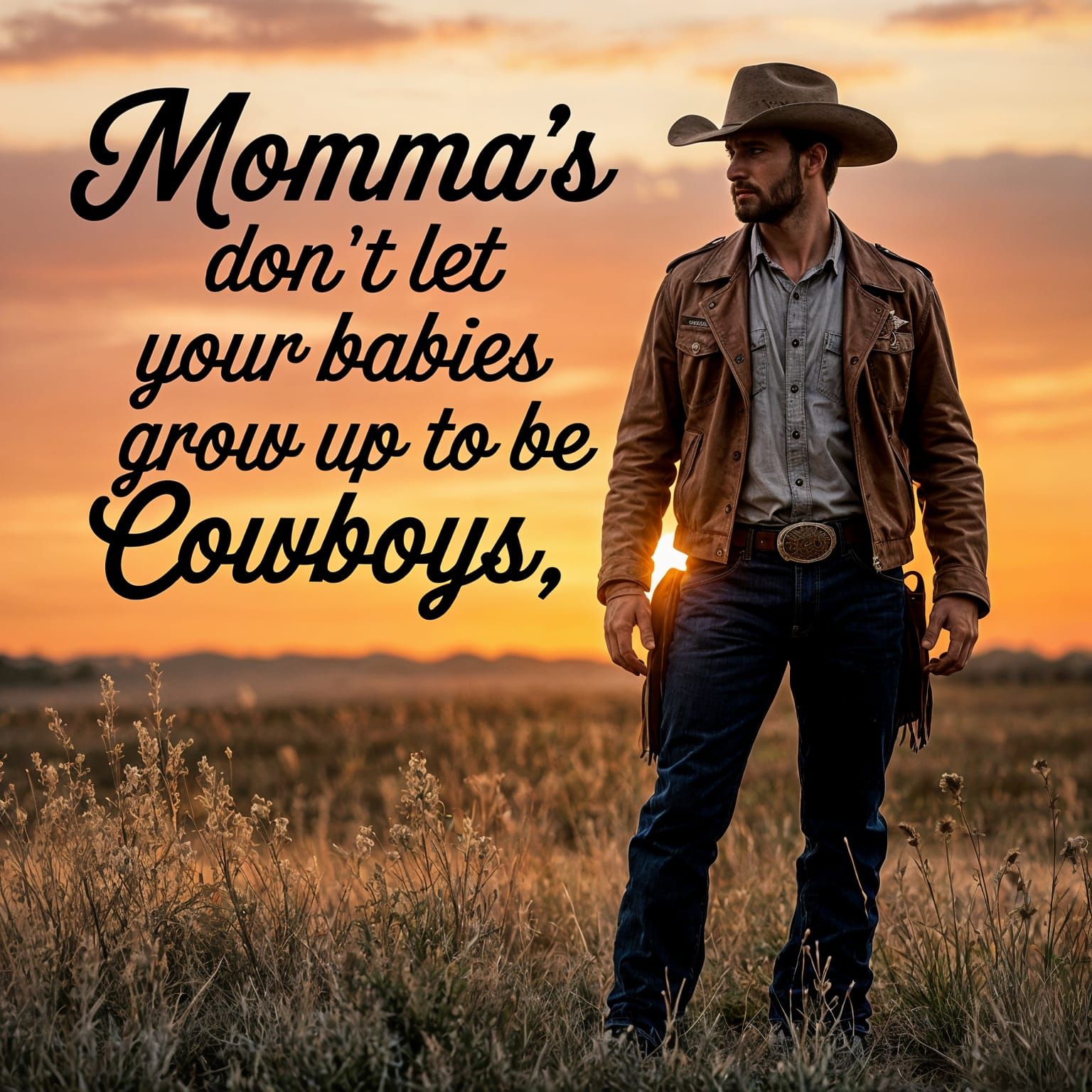 Rugged Cowboy Silhouetted Against Vibrant Sunset