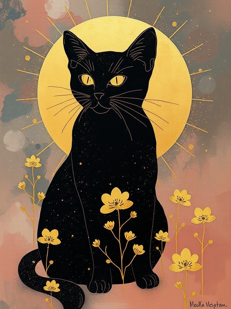 Ethereal Cat Silhouette in Golden Cosmic Bloom