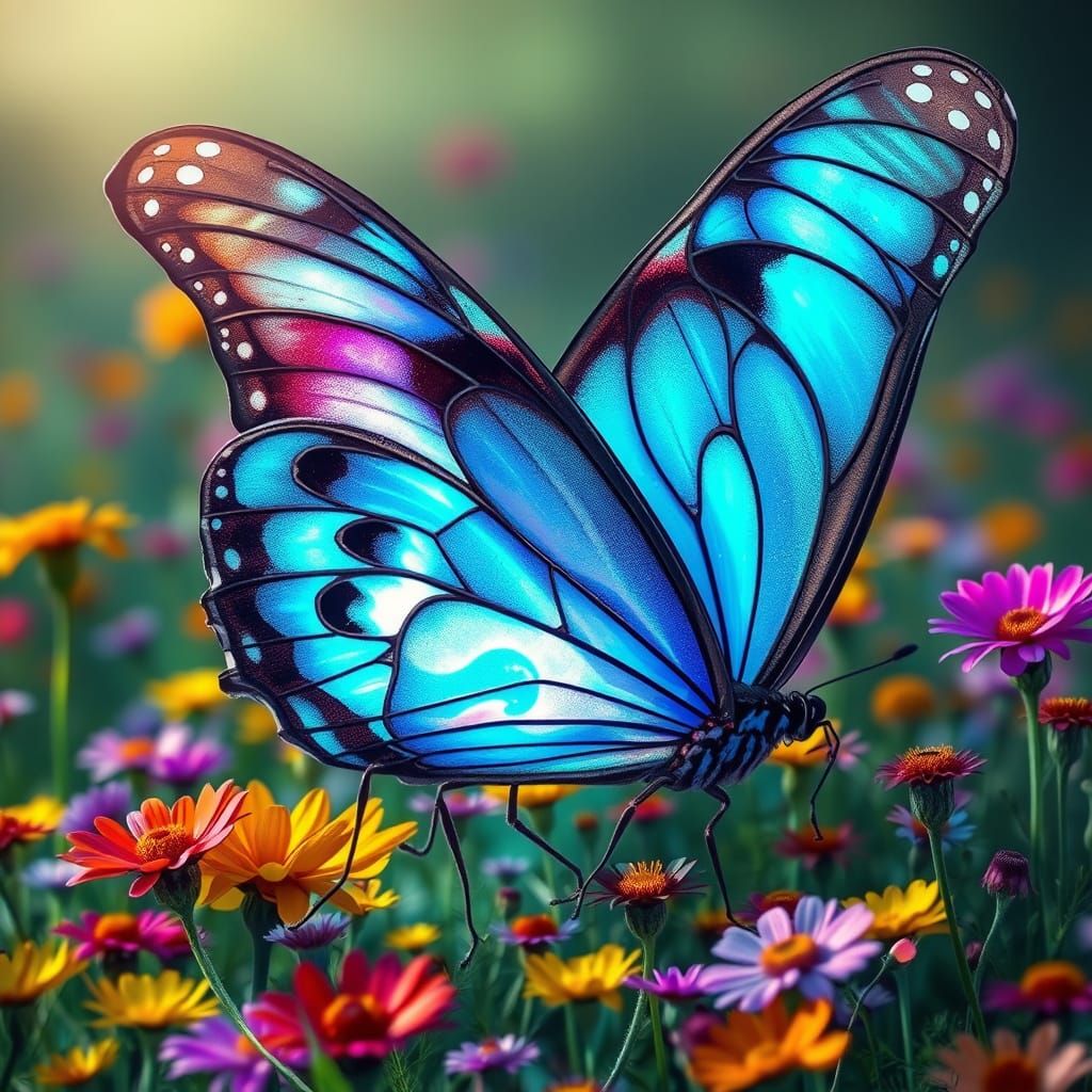 Whimsical Bioluminescent Butterfly Amidst Rainbow Wildflower...