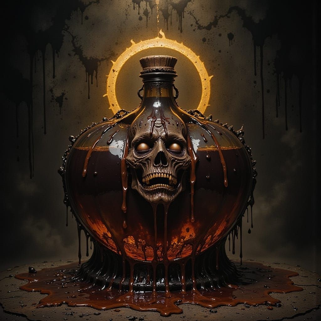 Tormented Man Bound to a Gigantic Whisky Bottle in a Dark an...