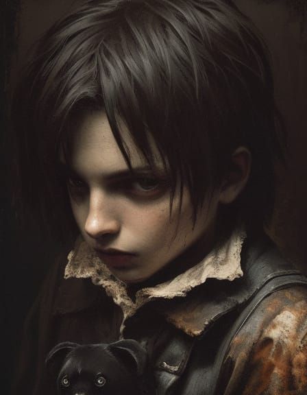 Grunge Oil Painting of Boy Holding Evil Teddy