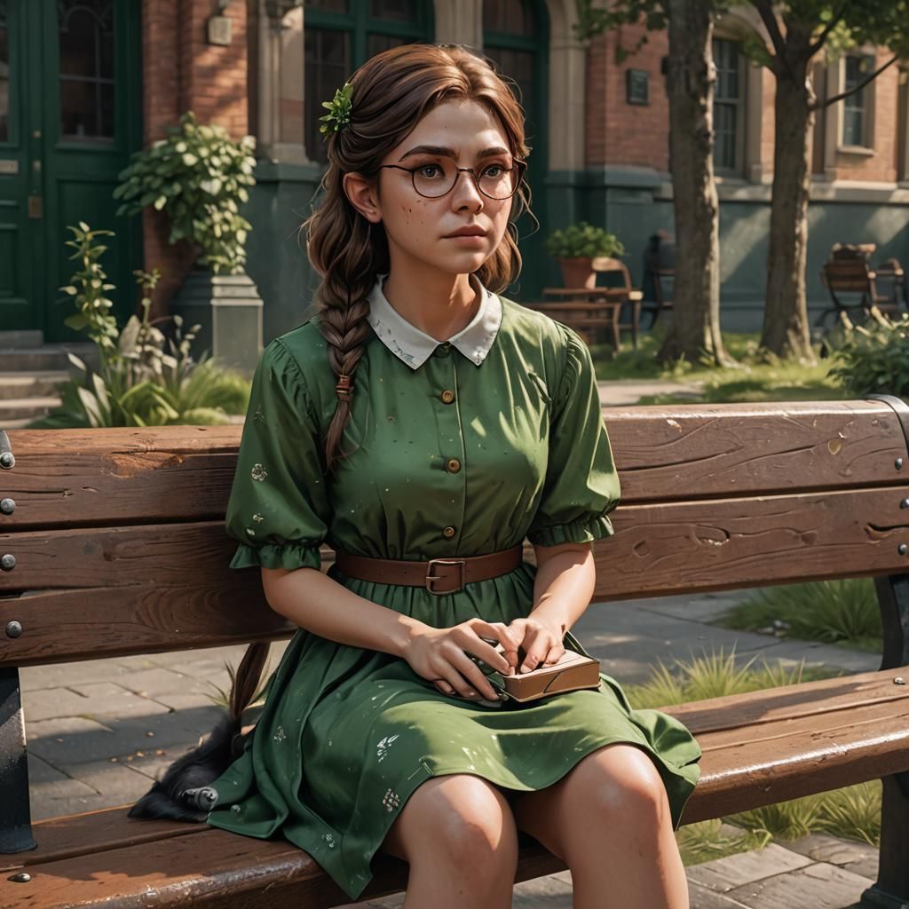 Sad Girl with Wolf Cut on School Bench