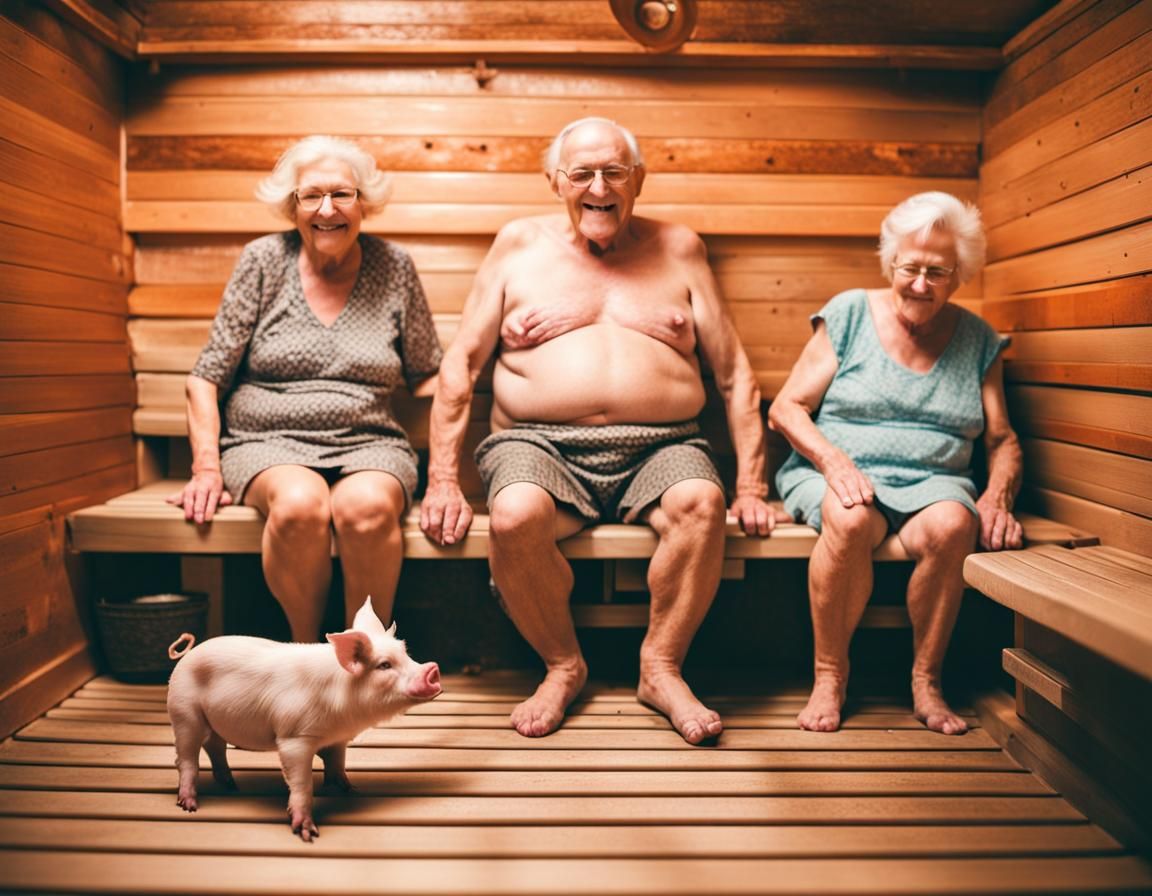 Grandpa and Grandma with the pig in the sauna.
