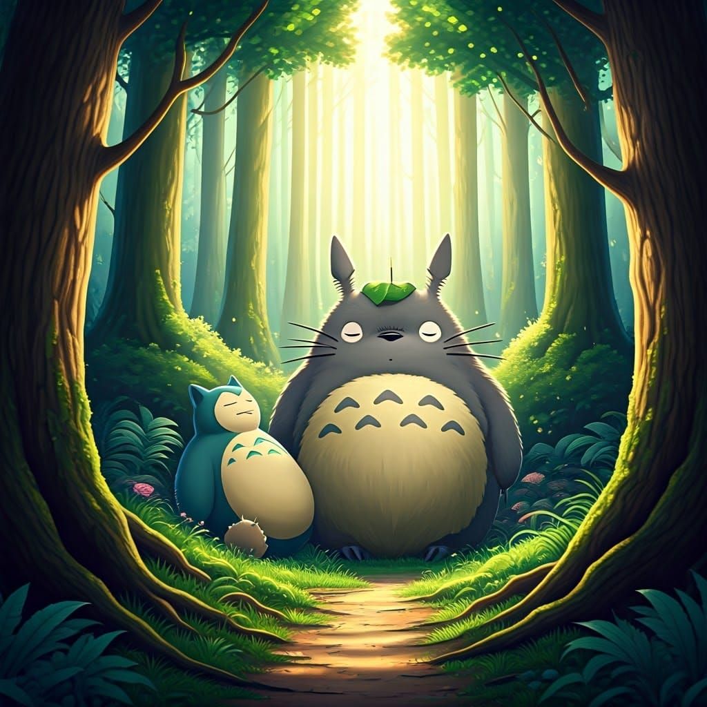 Whimsical Forest Scene in Dreamy Studio Ghibli Style