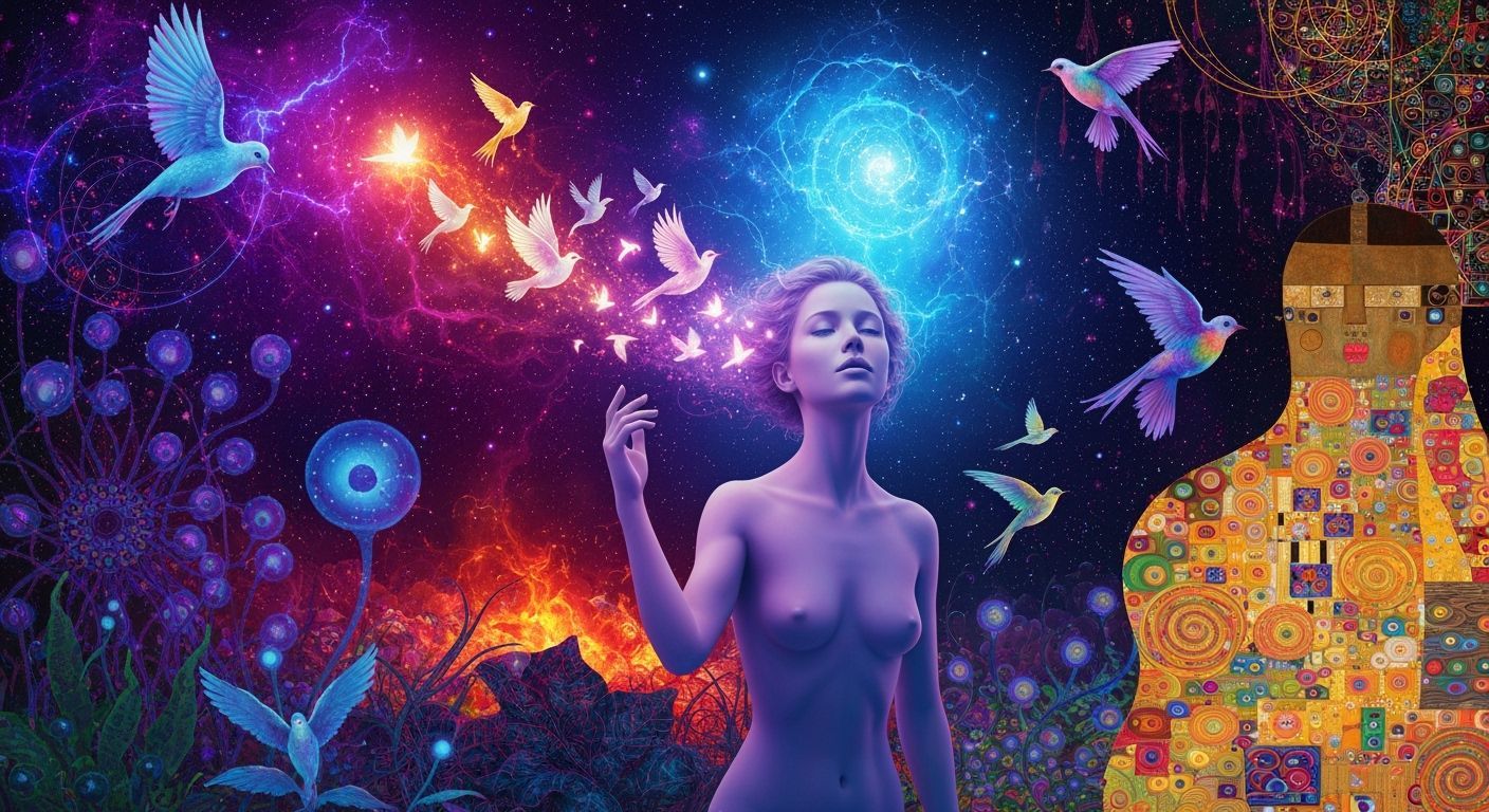 Ethereal Woman Amidst Cosmic Energy and Bioluminescent Flora