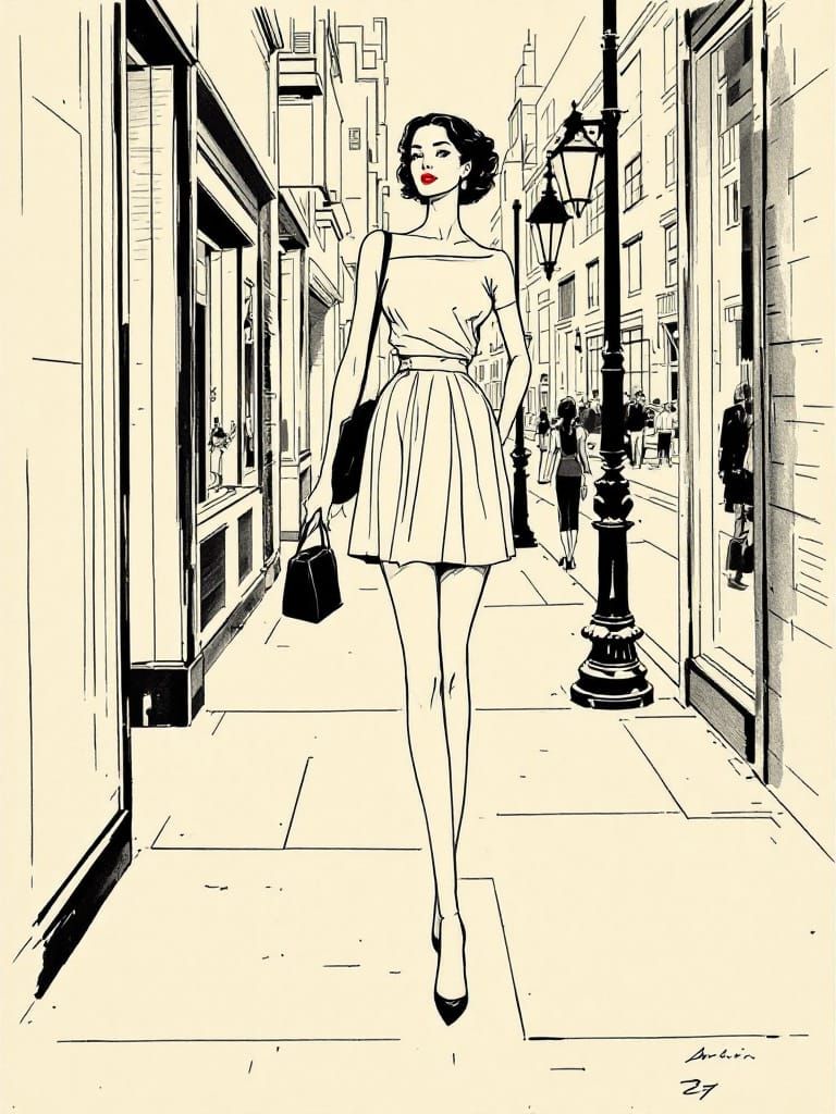 Elegant 1950s Woman in City, Modigliani & Steinberg Style