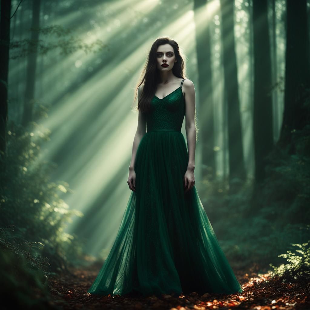 Eerie Emerald Witch in Misty Forest: Cinematic Portrait