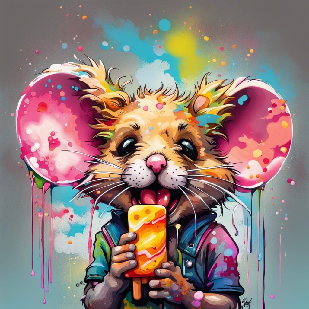 Mouse with Curly Hair Eating Popsicle in Graffiti Art