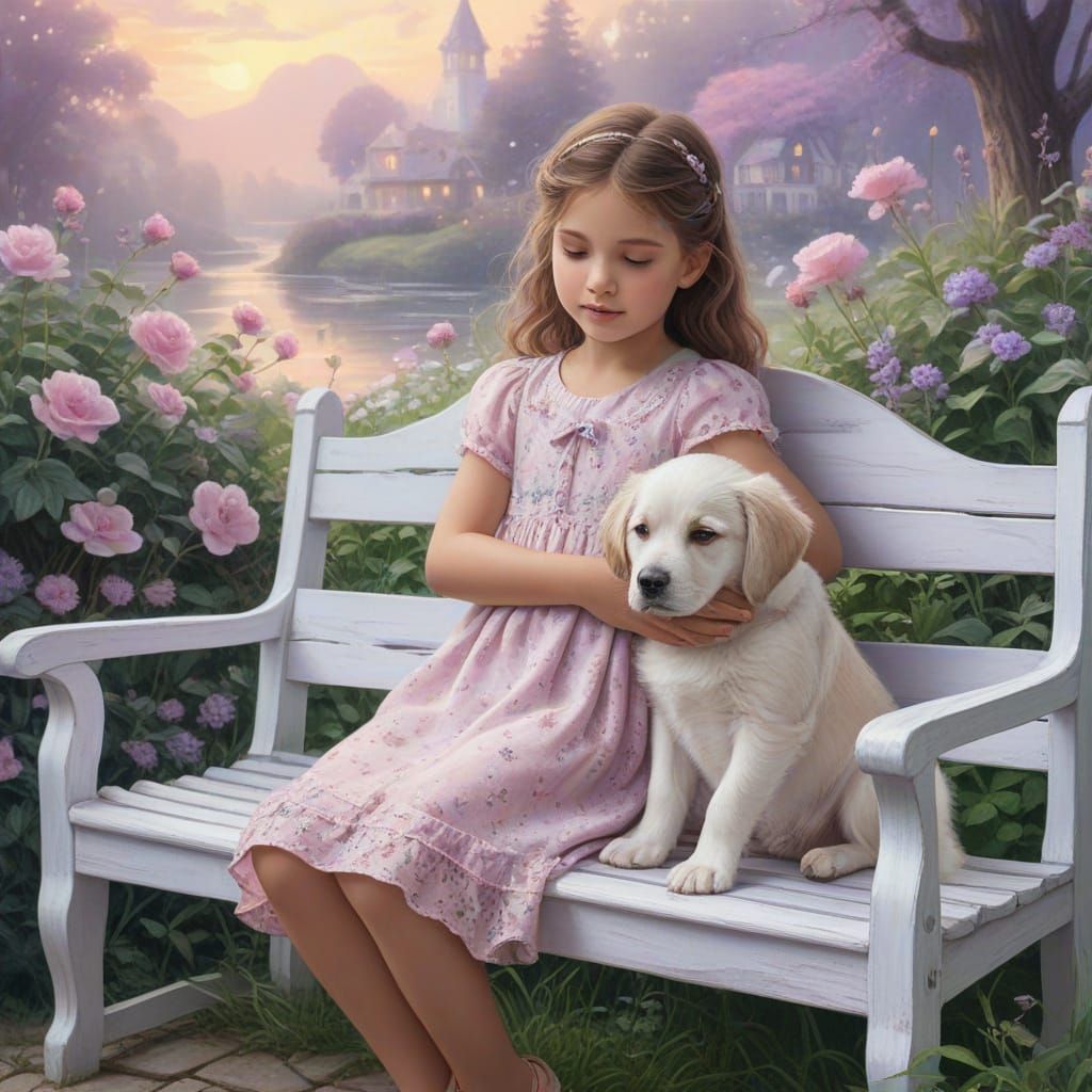 Girl and Puppy in Whimsical Fantasy Landscape