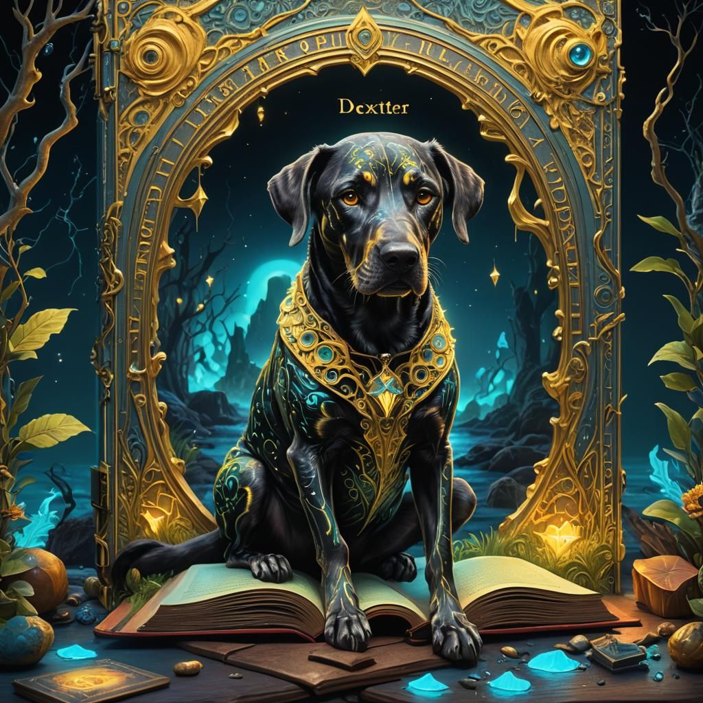 Bioluminescent Book with Catahoula Hound in Fantasycore Styl...