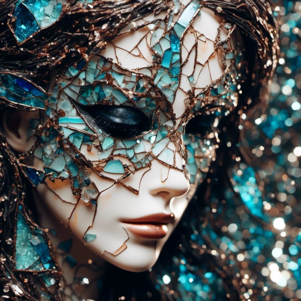 Shattered Stained Glass Mask of a Woman