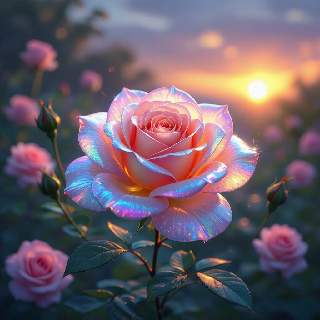 Rainbow Crystal Rose in Twilight Garden, Hyperrealistic