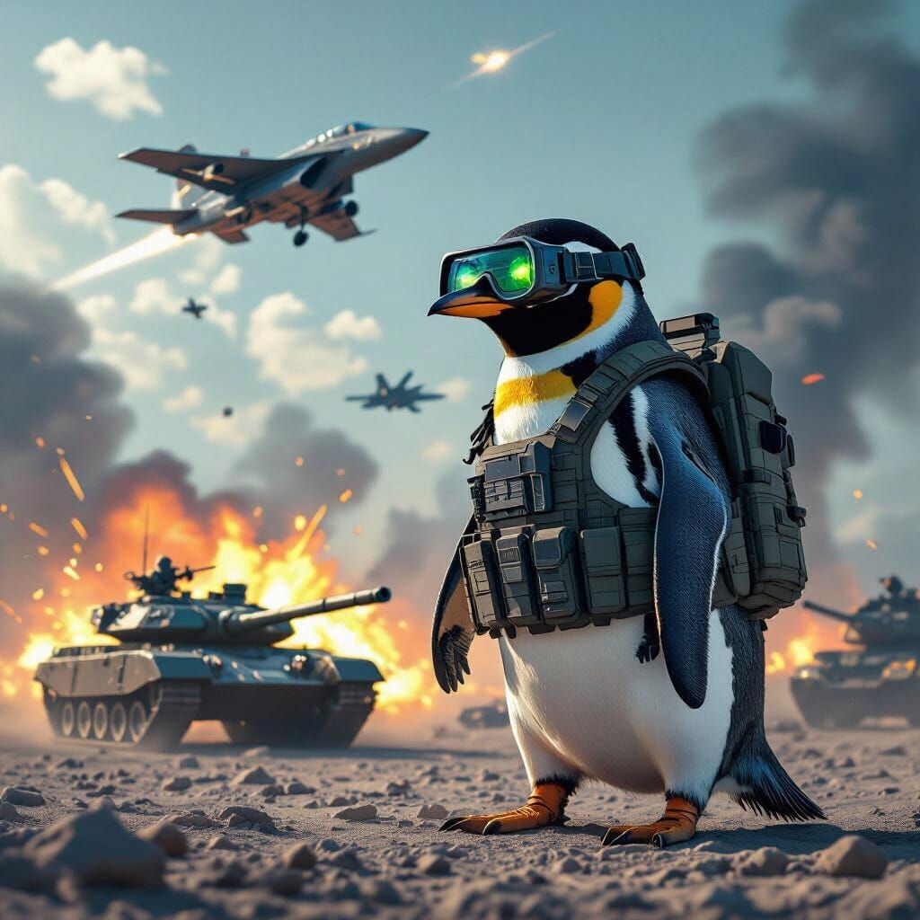 Tactical Penguin in Combat Scene with Tank and Jet
