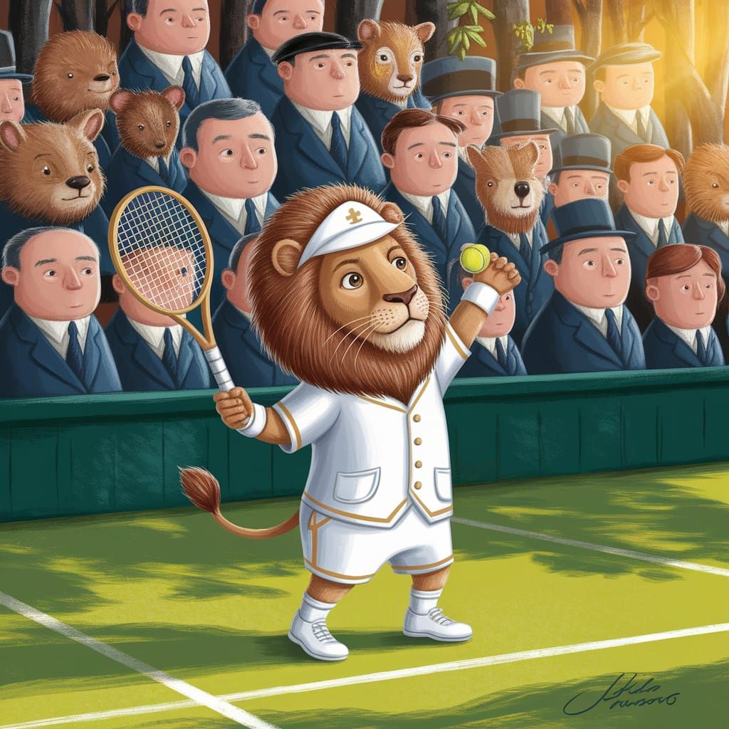 Lion Serves Tennis Ball in Charming Children's Illustration
