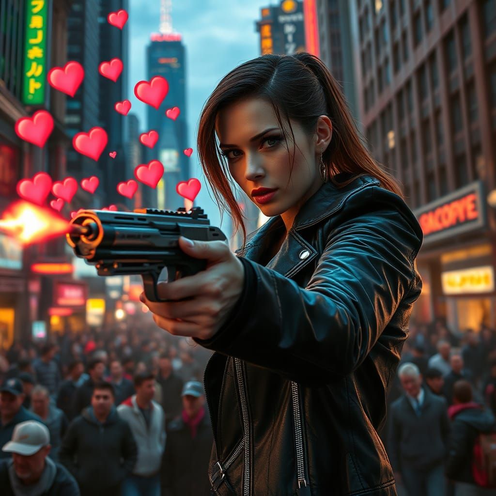 Cyberpunk Warrior Fires Hearts into the City Night