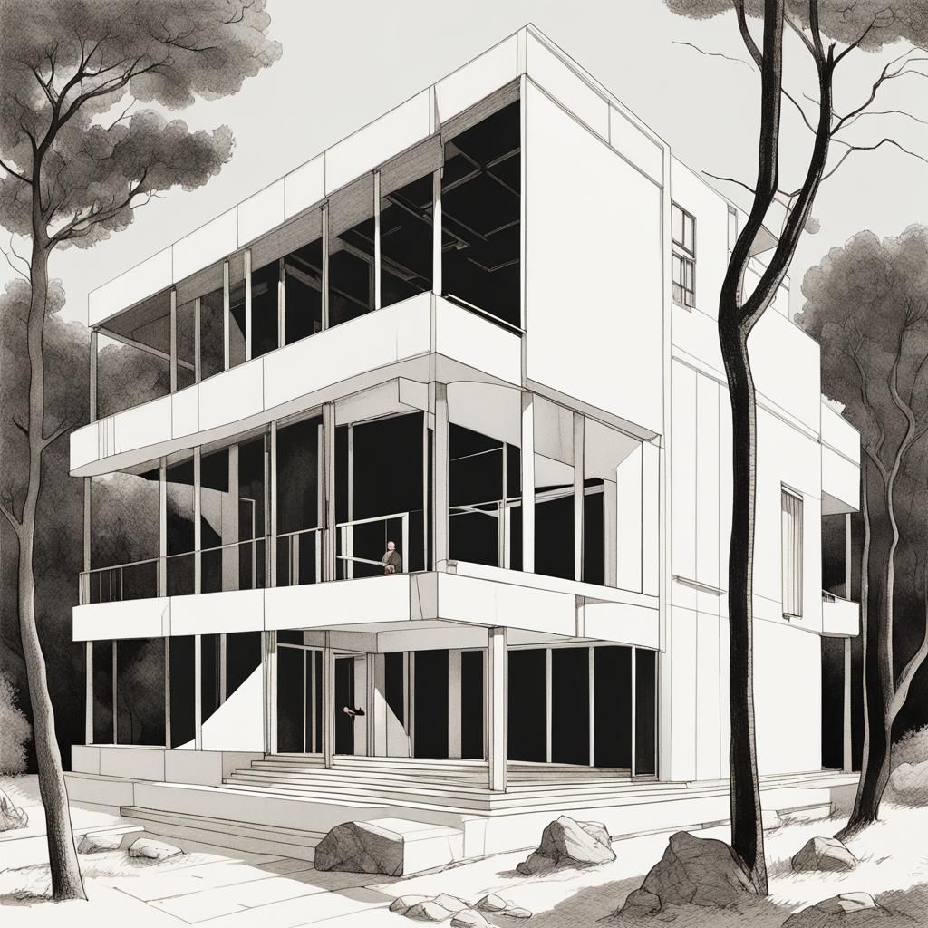 Minimalist Modernist Building in Sunlight, Hand-Drawn Style