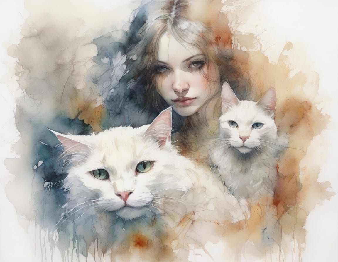 Gothic White Witch With Cat in Expressive Watercolour