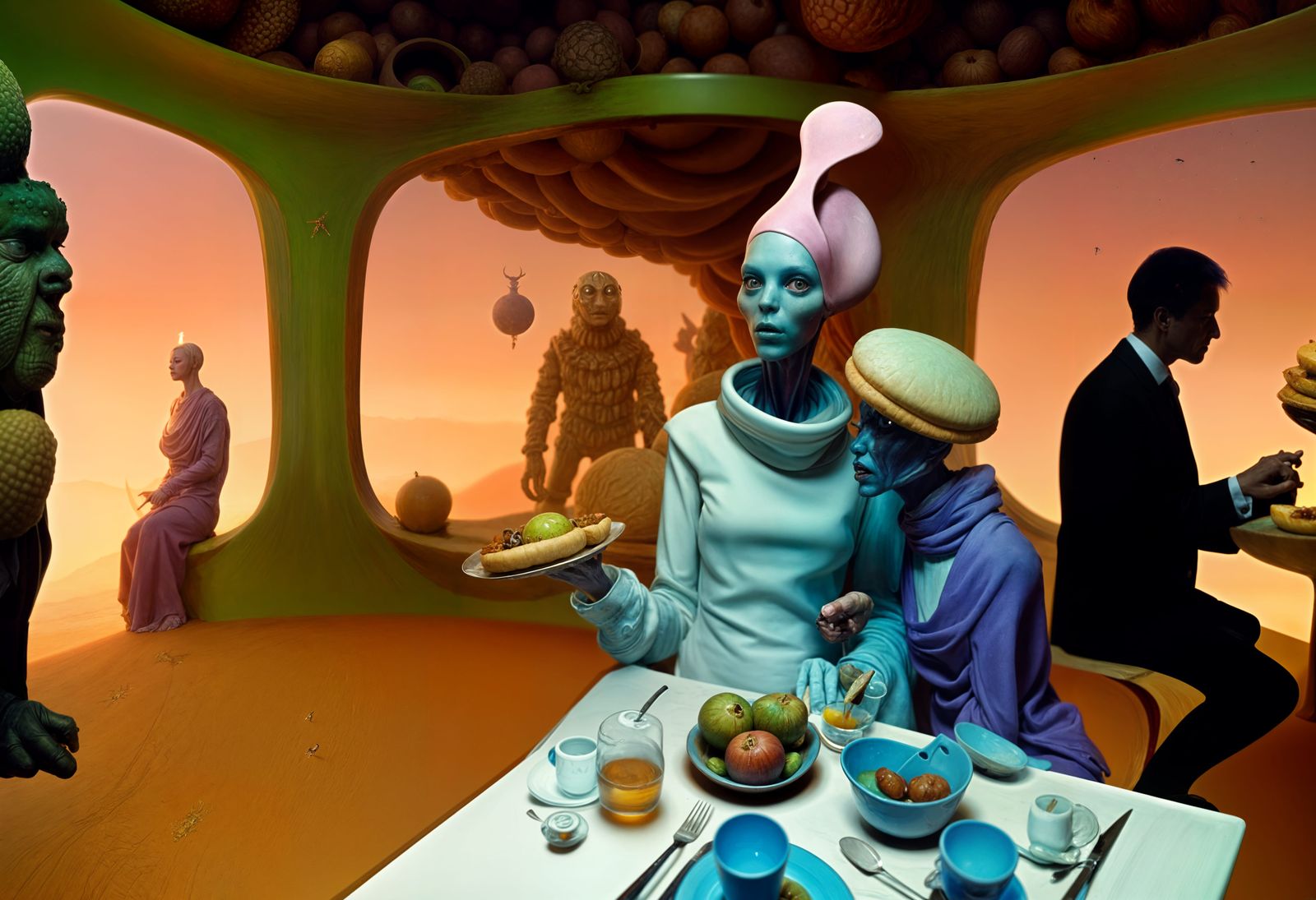 Bizarre Alien Feast in Hyperrealistic Futuristic Panorama