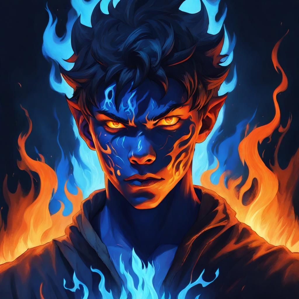 Teenage Demon in Blue Flames: Hyperrealistic Concept Art