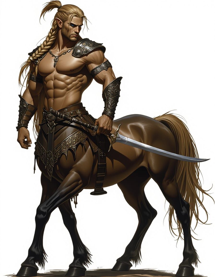 Regal Male Centaur with Sword in Sunlit Forest