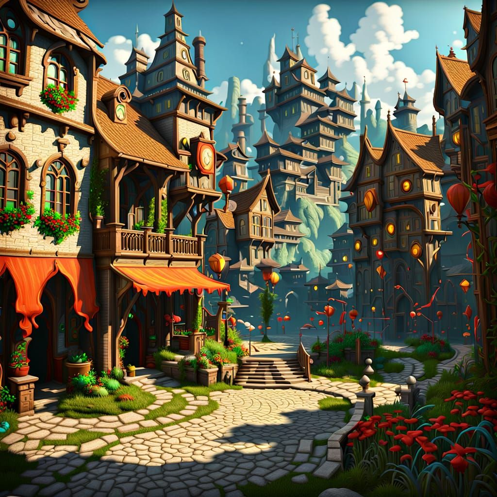 Fantastical Cityscape with Intricate Detail and Deep Colors