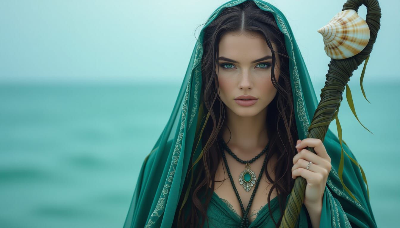 Sea Witch Portrait with Kelp Robes and Conch Staff