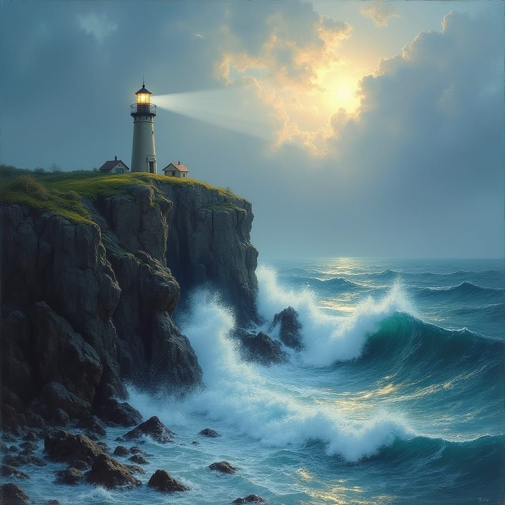 Dramatic Seascape: Lighthouse in a Stormy Sea